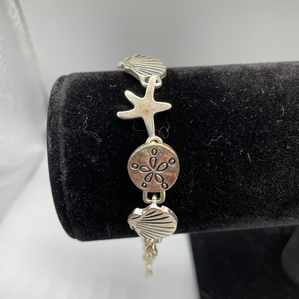 Silver Tone Nautical Beach Charm Bracelet Seashell Starfish Sand Dollar Coastal - Picture 2 of 5